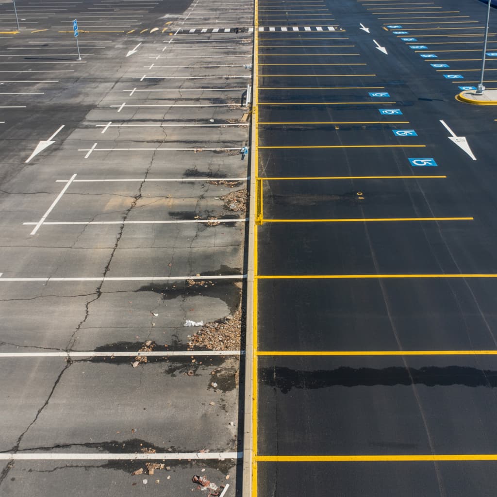 Before and after parking lot restoration showing dramatic improvement